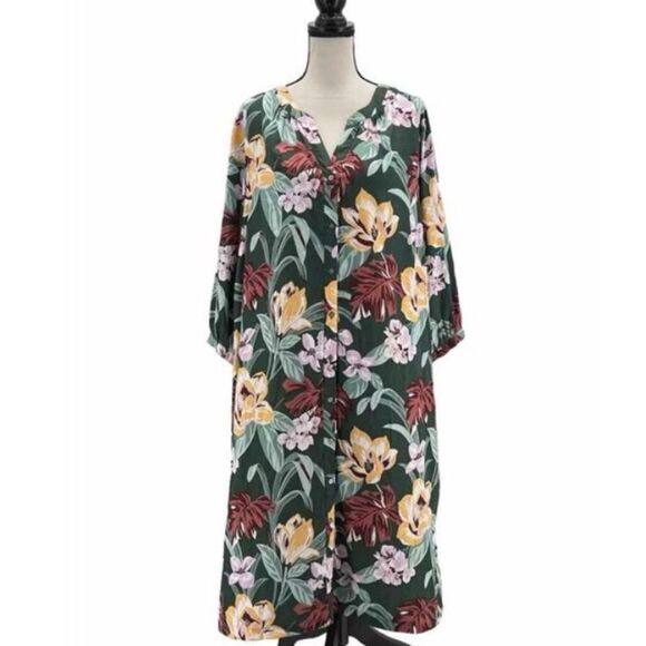 Loft Size XS Petite Button Up Shirt Dress Green Tropical Floral Mumu Boxy Casual - Picture 1 of 12